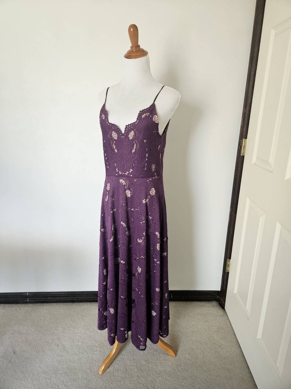 Moulinette Soeurs Plum Lace Midi Dress with Spaghetti Straps